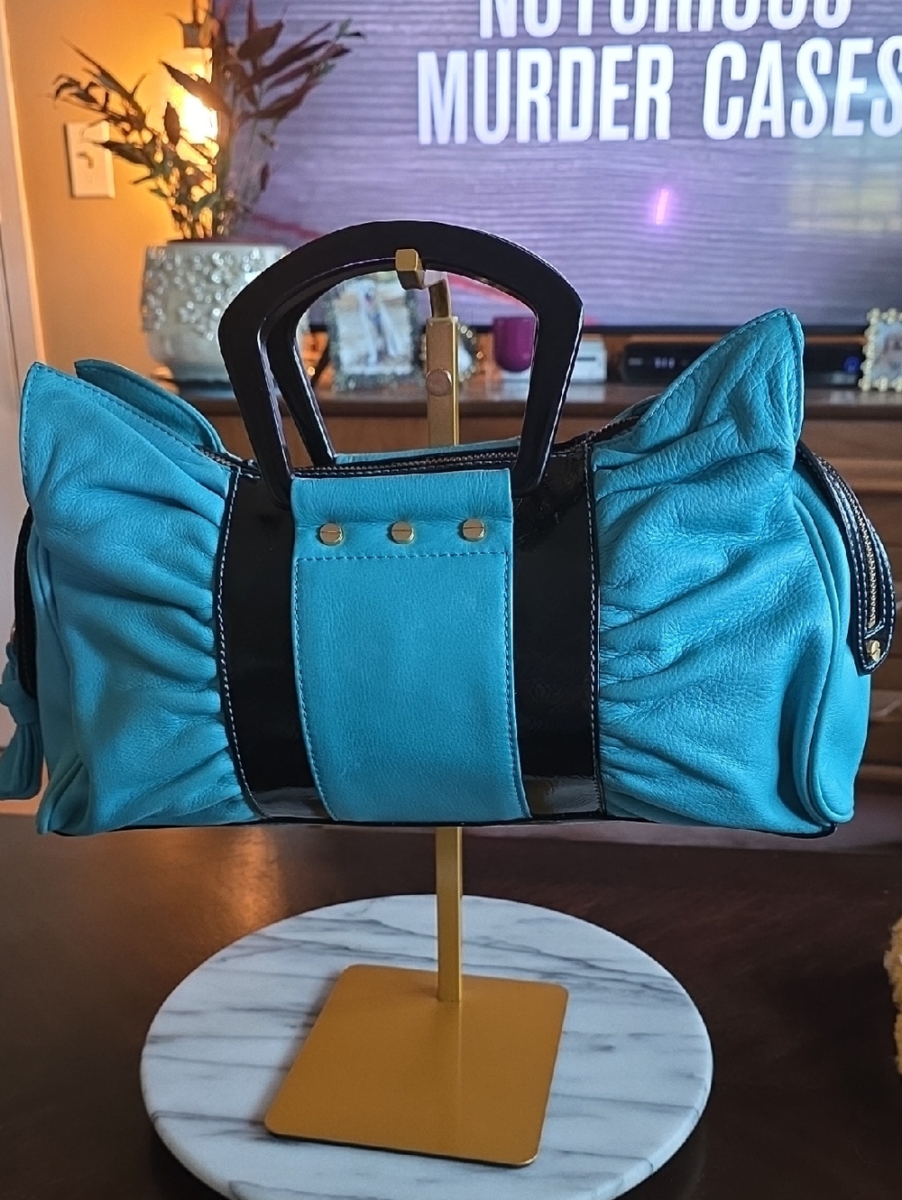 B Makowsky Blue and black Leather Bow Bag ๐๐ - Picture 1 of 14